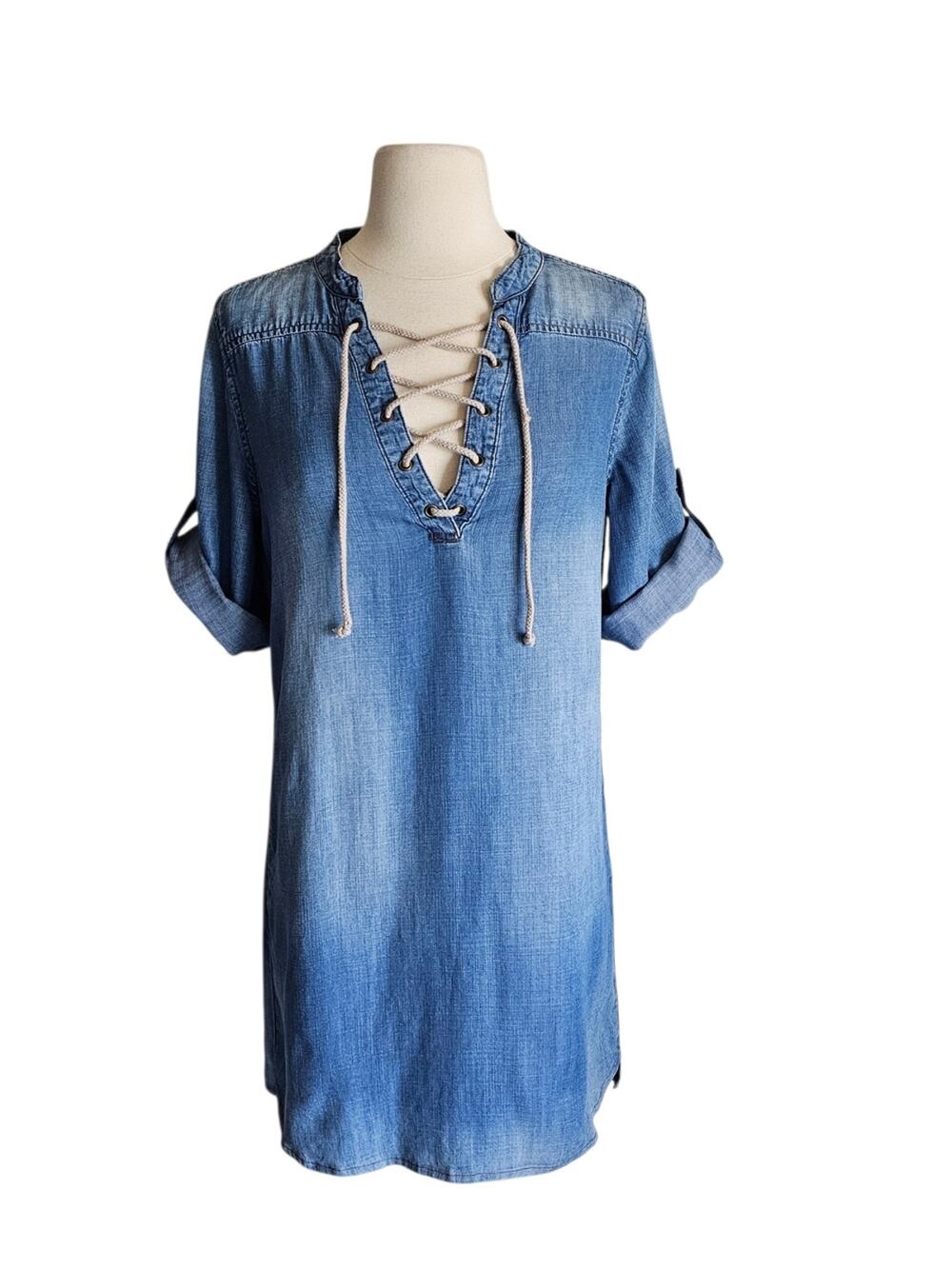 Anthropologie Cloth & Stone Light Blue Lace Up Denim Mini Dress Coverup Size XS